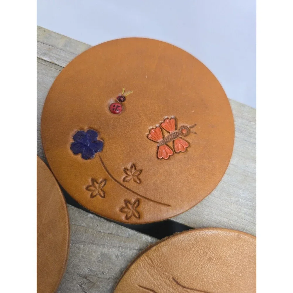 Vintage Tooled Leather Coasters Set of 4 Hand Painted Bee Frog Butterfly Bird